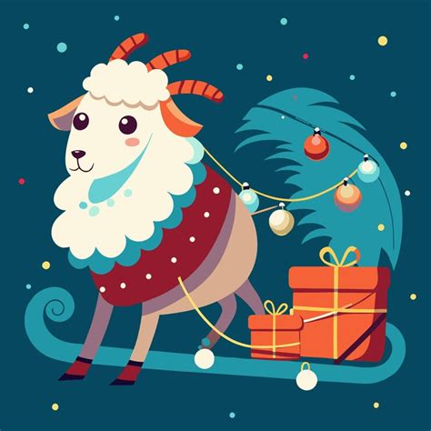 Longhaired sheep pulling a sled filled with christmas gifts a festive ...