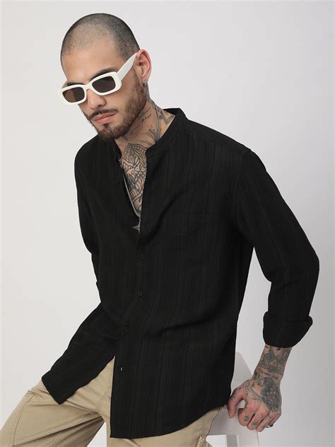 Black Pencil Stripes Mandarin Shirt – Vastrado