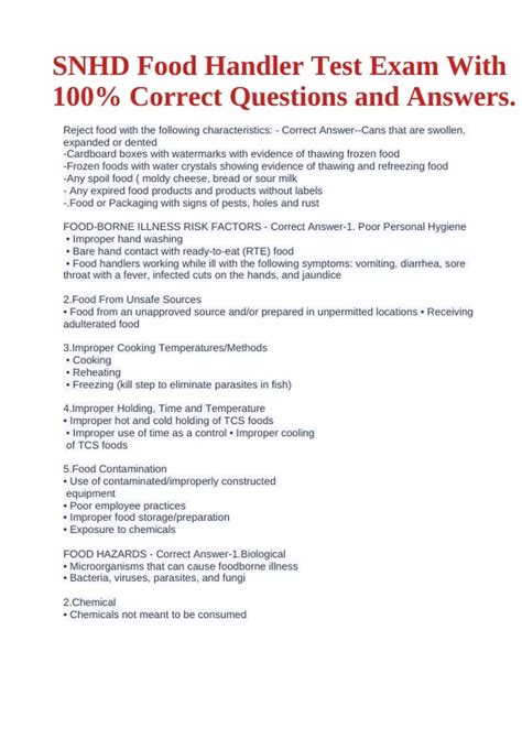 SNHD Health Card Test Questions and Answers Graded A+ & SNHD Food ...