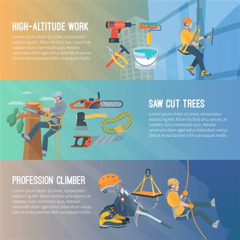 Horizontal flat color banner about high-altitude work saw cut trees ...