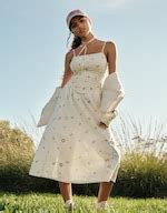 Buy American Eagle Women White Bella Smocked Drop Waist Midi Dress ...