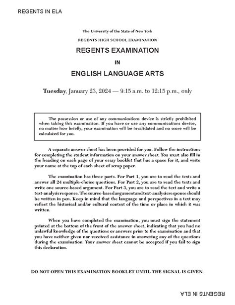 REGENTS EXAM IN ELA - January 2024: Comprehensive Study Guide - Studocu