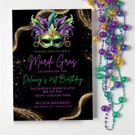 Editable Mardi Gras Birthday Invitation Carnival Themed Party ...