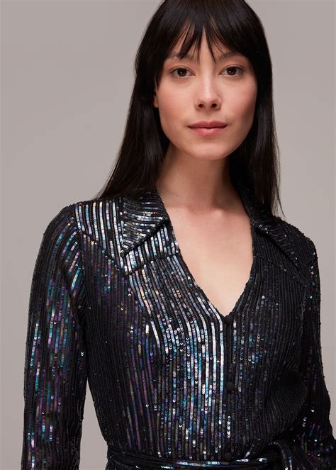 Black/Multi Stripe Sequin Midi Dress | WHISTLES | Whistles UK