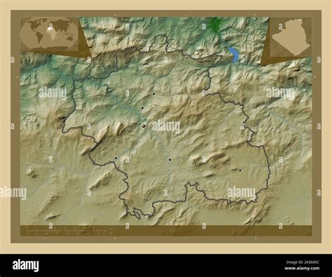 Constantine, province of Algeria. Colored elevation map with lakes and rivers. Locations of ...