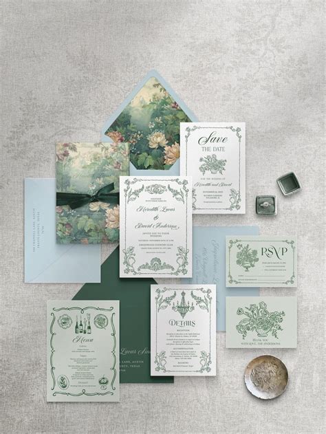 Regency Era Wedding Invitation Suite, Hunter Green Floral Invite ...