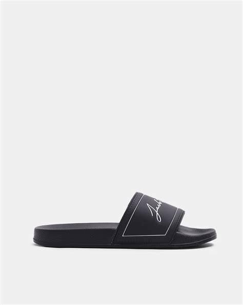 Black Cursive Logo Print Sliders