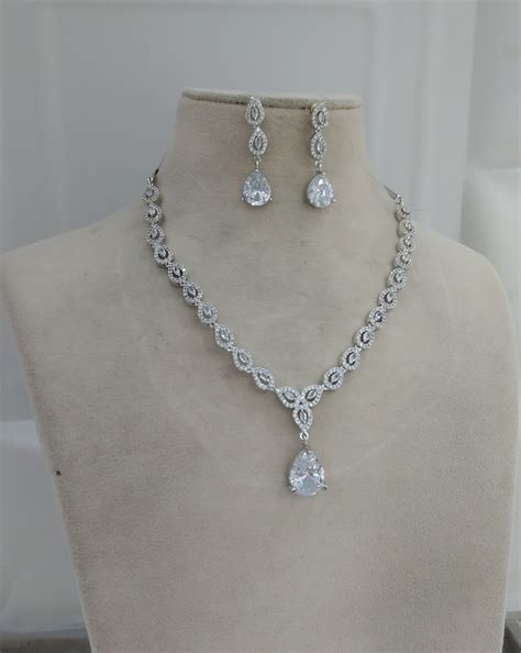 Silver American Diamond White Cz Necklace Jewellery Anu Set – BS Jewels
