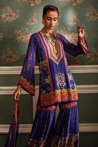 Buy Blue Viscose Georgette Floral Pattern Round Sahiba Kurta Gharara ...