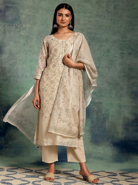 Buy Beige Printed Chanderi Silk Straight Suit With Dupatta Online at Rs ...