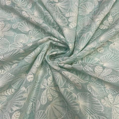 Sky Blue Floral Chanderi Mul Embroidered Fabric