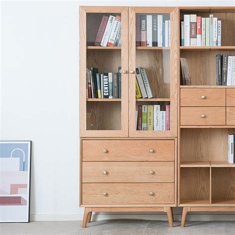森植/无为书柜 北欧全实木书柜书架组合现代简约带玻璃门抽屉书橱-美间设计