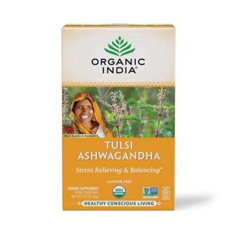 Organic India, Tulsi Tea, Ashwagandha, Caffeine Free, 18 Infusion Bags ...