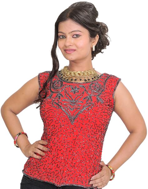 Exotic India Women's Top from Bareilly with Hand-Embroidered Beads All ...