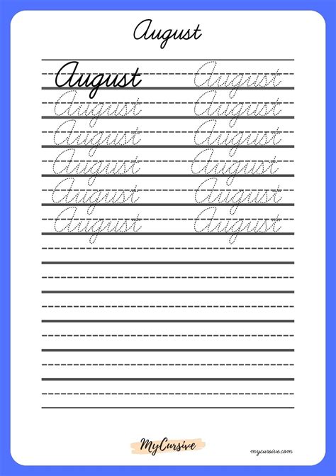August in Cursive [Worksheet and Printables]
