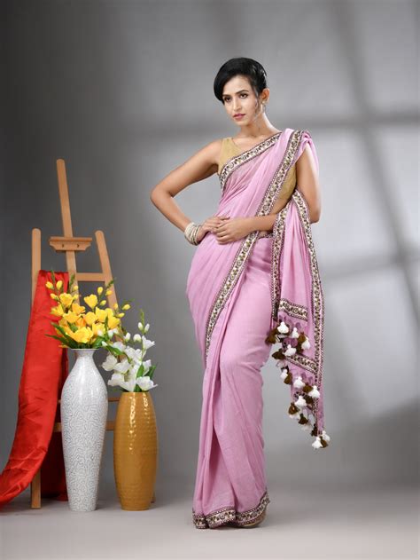 Lilac Mulmul Cotton Soft Saree With Embroidered Borders – Charukriti