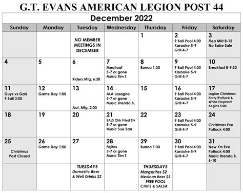 American Legion Post 44 Events Calendar | G. T. Evans Post #44