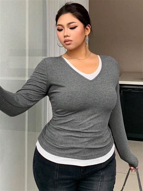 Dazy Petite Plus V-Neck Color Block Fitted Long Sleeve T-Shirt, Grey ...