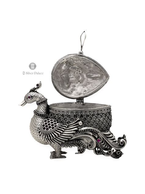 925 Oxidised Silver Peacock Motif With Pink Stone Kum Kum Bowl - Silver ...
