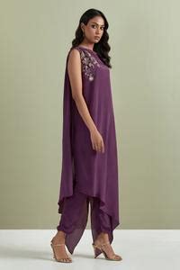 Buy Purple Crepe Cut One Shoulder Floral Placement Embroidered Kurta ...