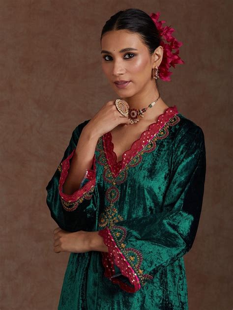 Black Embroidered Velvet Choga with Cotton Silk Pants- Set of 2