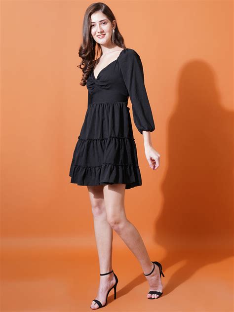 Women Black Sweetheart Neck Puff Sleeves Cut-Outs Crepe Mini Fit & Fla