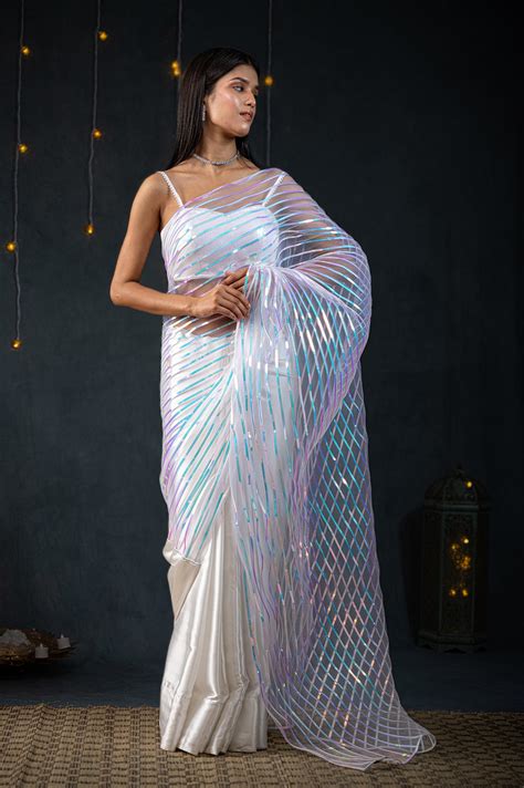 White Impression Net Saree – Swtantra