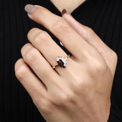 Unique Hexagon Salt and Pepper Diamond Ring for Her – Minimal Carbon