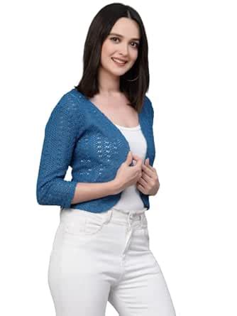 Buy Style Quotient Women self Design Blue Open Front Crop Shrug at ...