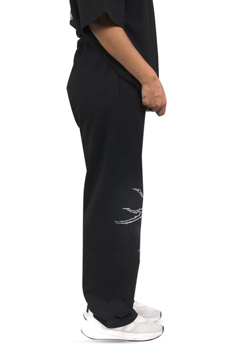 Black Grunge Straight Baggy Pants With Grey Print - HYPD Sports