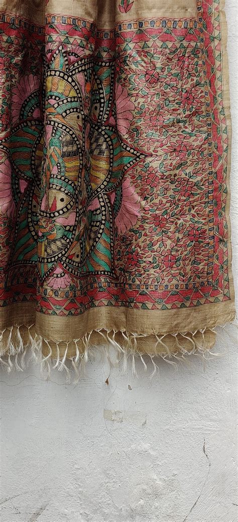 Beige Tussar Silk Dupatta Hand Painted in Traditional Madhubani. – Bihart