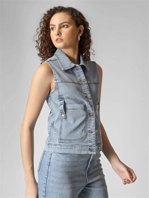 Light Blue Sleeveless Loose Fit Denim Jacket Women