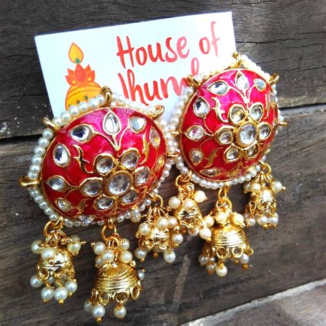 Enamel stud with triple jhumka studs – House of Jhumkas