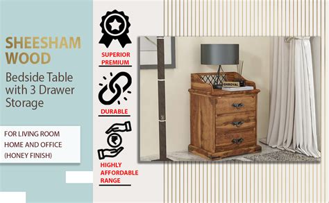GHROYAL Solid Sheesham Wood Bedside Table with 3 Drawer Storage End ...