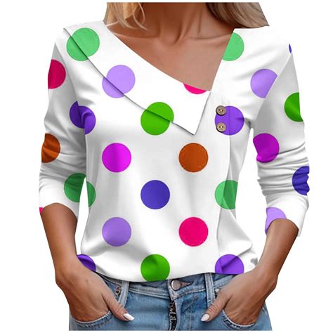 Color-Polka-Dot-Print-T-Shirt-Women-Fashion-Skew-Collar-Long-Sleeve-T ...