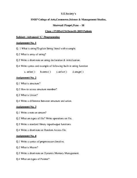 Advanced C Fybcs Assignment All - S.E’s SNBP College of Arts,Commerce ...
