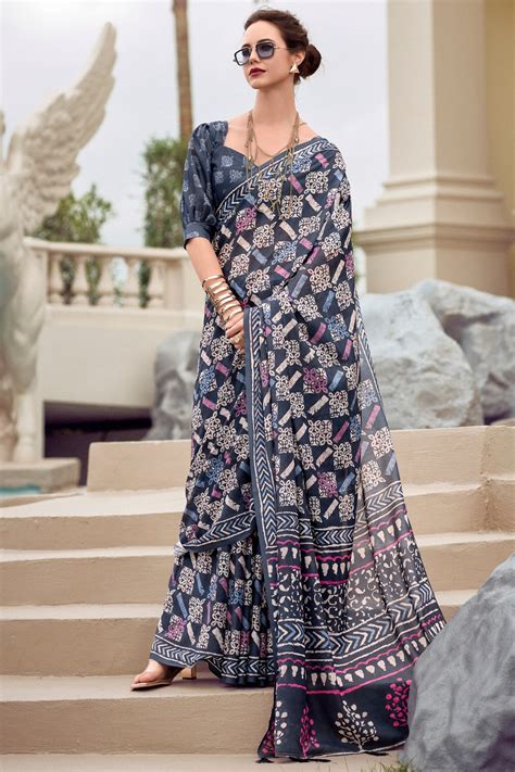 Buy Gun Powder Blue Mul Mul Cotton Saree Online - MySilkLove