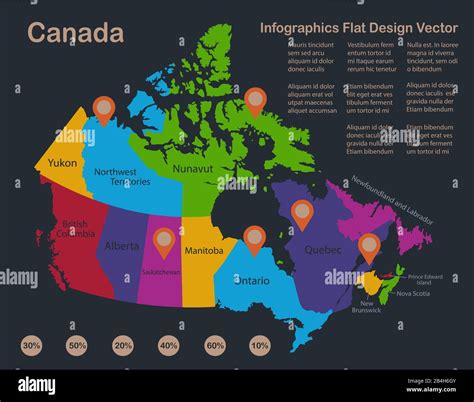 Infographics Canada map, flat design colors, with names of individual states and islands, blue ...
