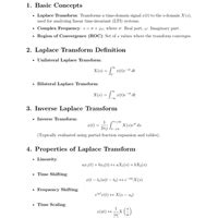 Formula Sheets Laplace Transform in Signals and Systems - Signals and ...