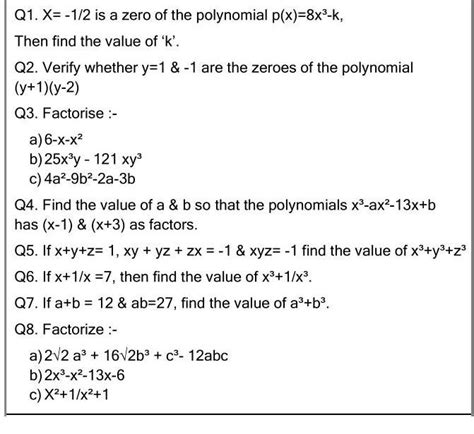 Q1. X= -1/2 is a zero of the polynomial p(x)=8x³-k,Then find the value ...