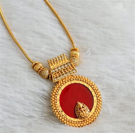 Gold tone red-white lakshmi round kerala style kodi necklace dj-48085 ...