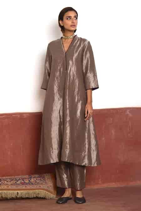 Buy Silver Handloom Cotton V-neck Metallic Anarkali And Pant Set For ...