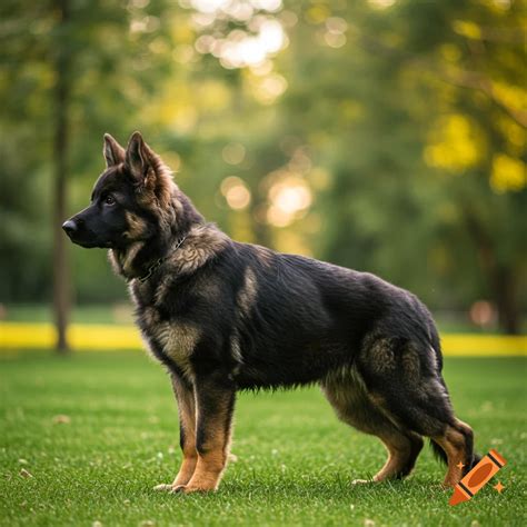 Photorealistic image of a large German Shepherd puppy standing sideways ...