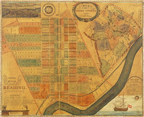 Early map of Reading, Pennsylvania, with wonderful folk-art additions ...
