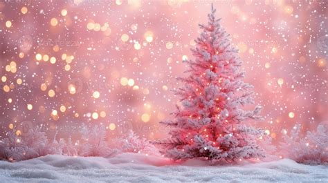 Christmas background pink tones Xmas tree with snow decorated with ...