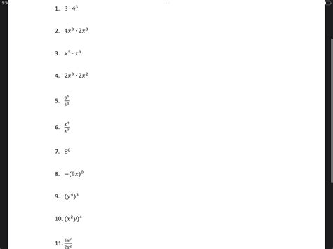 3 * 4^3 4x^3 * 2x^3 x^5 * x^3 2x^3 * 2x^2 6^5 / 6^3 x^4 / x^7 8^0 -(9x)^0..