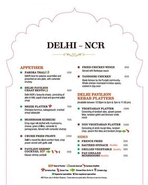 Menu at Delhi Pavilion, New Delhi, G6G8+GF3