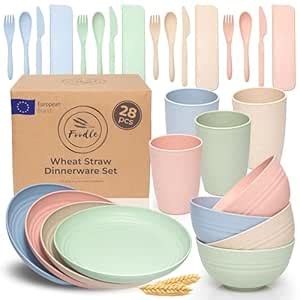 FOODLE Wheat Straw Dinnerware Sets - (28pcs) Lightweight & Unbreakable ...