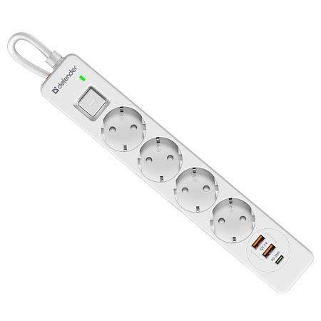 ᐈ Сетевой фильтр Defender DFS-145, 4 розетки, 1хUSB Type-C, 2xUSB, 5 м ...