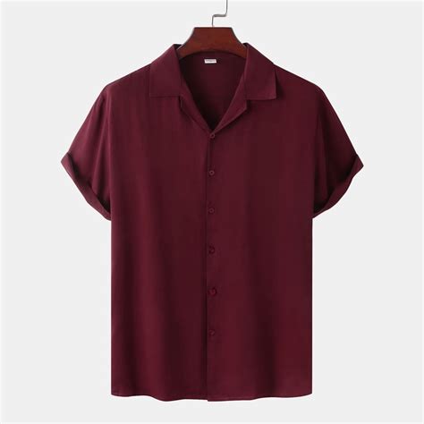 Summer New Men's Short-sleeved Shirts Men's Red Wine Solid Color Shirts ...